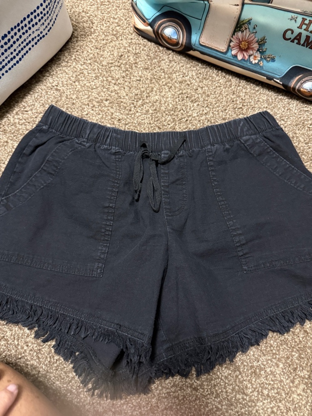 Women's Black Fringe Hem Drawstring Shorts size XL A-33